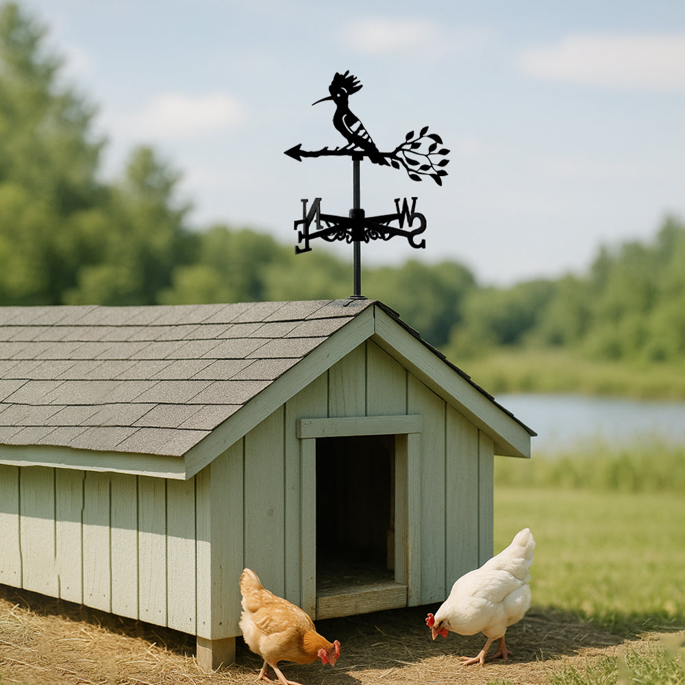 Hoopoe bird metal weather vane with directional arrows and mounting rod, outdoor roof and garden decoration