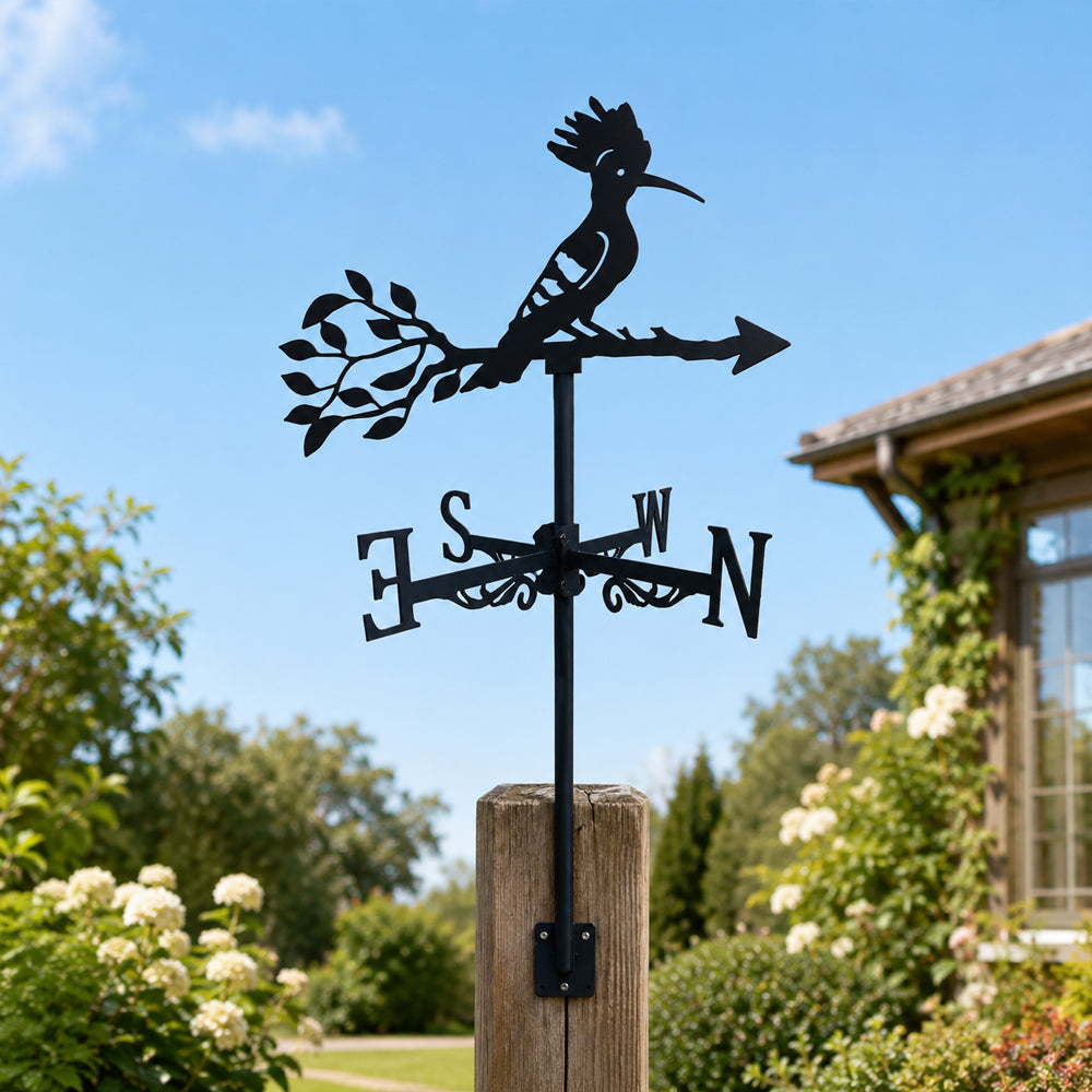 Hoopoe bird metal weather vane with directional arrows and mounting rod, outdoor roof and garden decoration