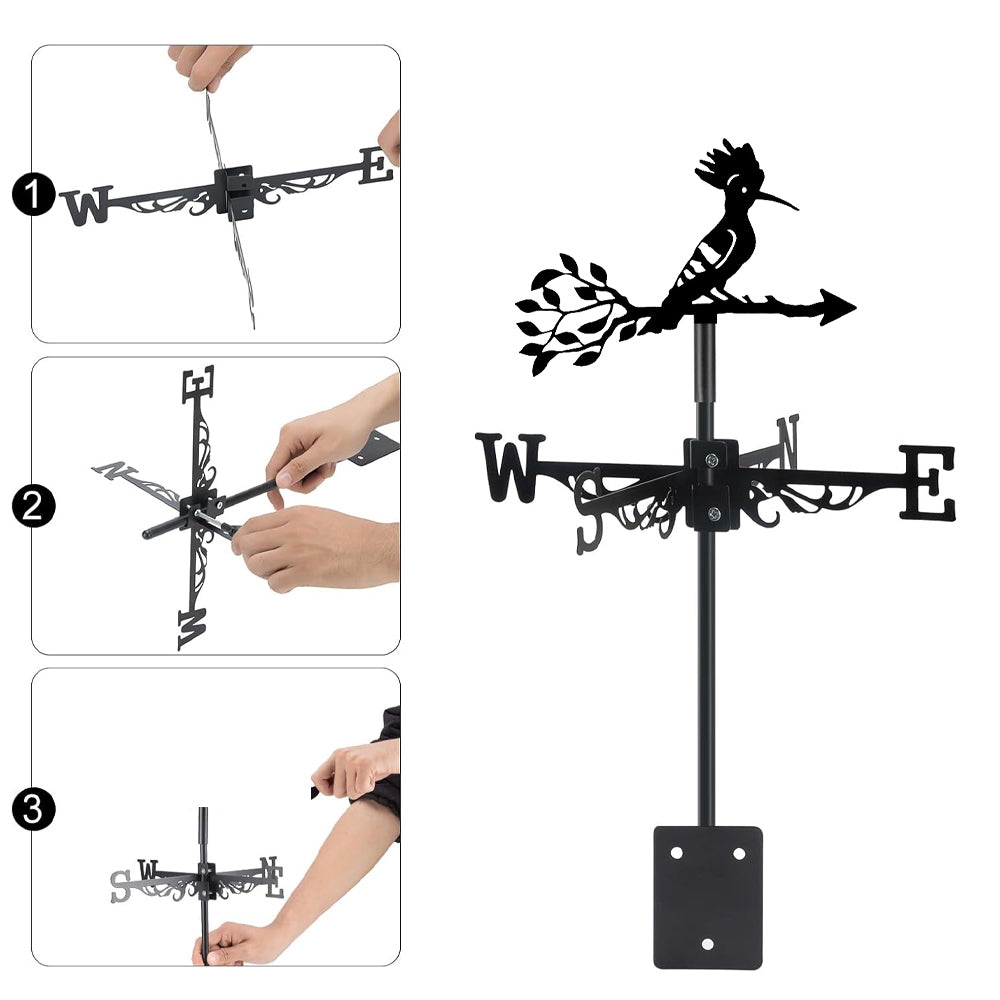 Hoopoe bird metal weather vane with directional arrows and mounting rod, outdoor roof and garden decoration