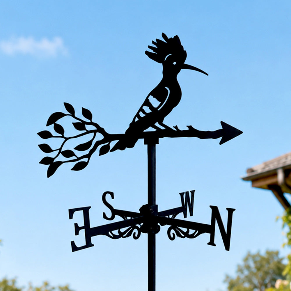 Hoopoe bird metal weather vane with directional arrows and mounting rod, outdoor roof and garden decoration