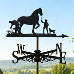Horse and farm dog metal weather vane with directional arrows and mounting rod, outdoor roof and garden decoration