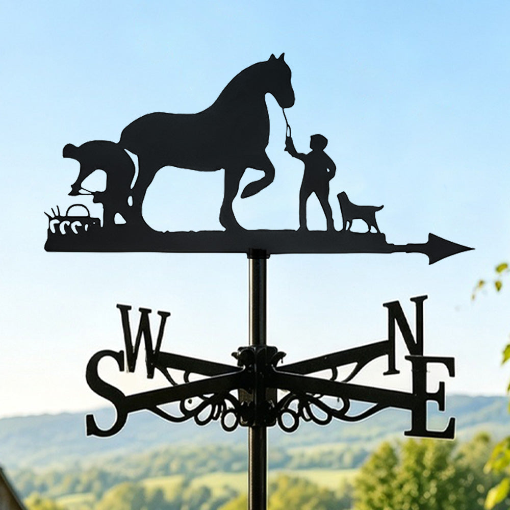 Horse and farm dog metal weather vane with directional arrows and mounting rod, outdoor roof and garden decoration