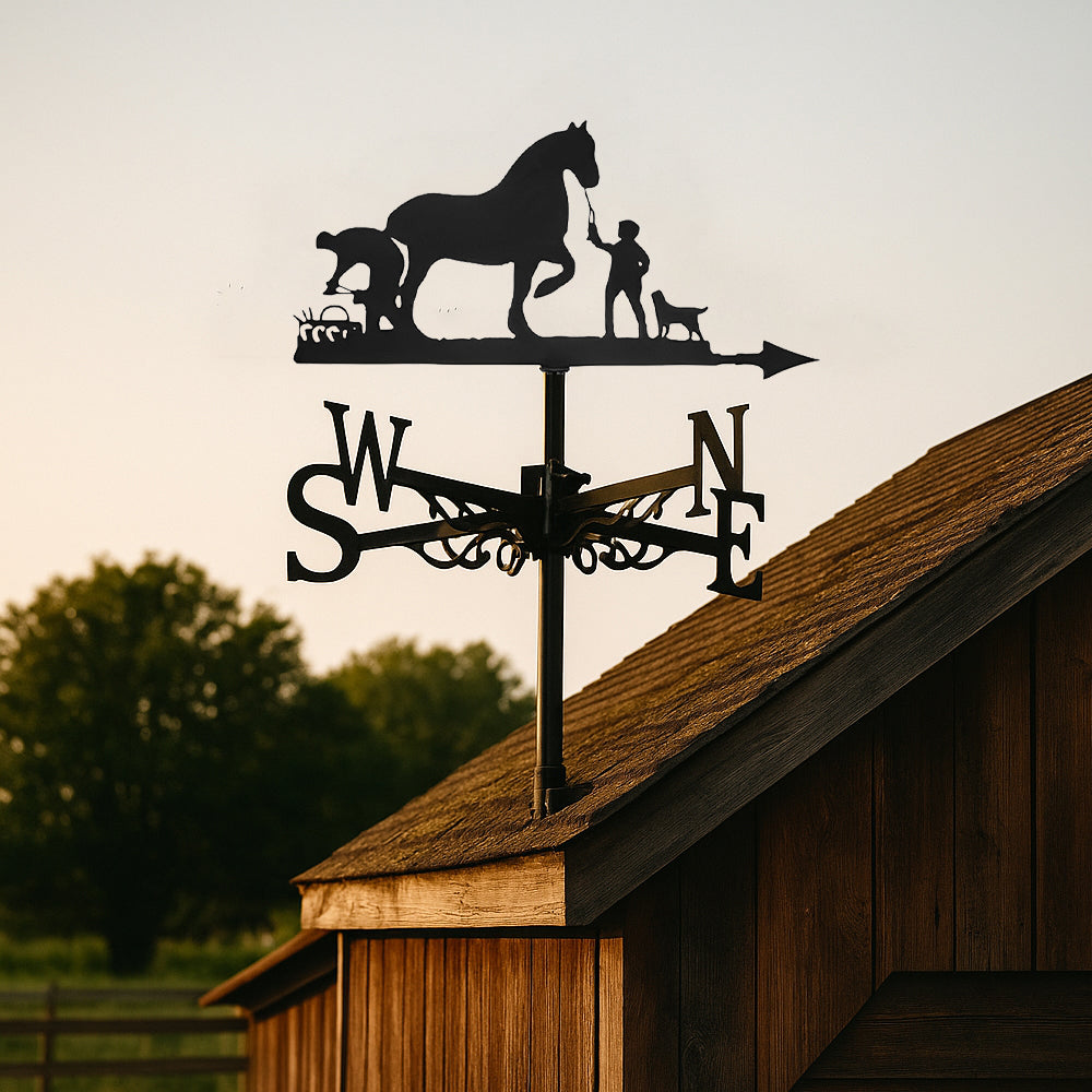 Horse and farm dog metal weather vane with directional arrows and mounting rod, outdoor roof and garden decoration