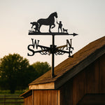 Horse and farm dog metal weather vane with directional arrows and mounting rod, outdoor roof and garden decoration
