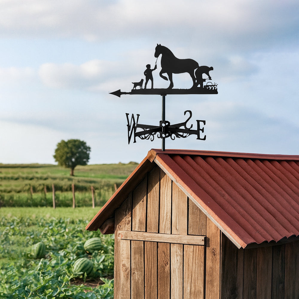 Horse and farm dog metal weather vane with directional arrows and mounting rod, outdoor roof and garden decoration
