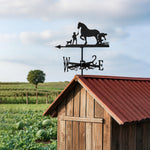 Horse and farm dog metal weather vane with directional arrows and mounting rod, outdoor roof and garden decoration