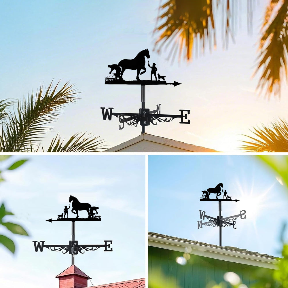 Horse and farm dog metal weather vane with directional arrows and mounting rod, outdoor roof and garden decoration