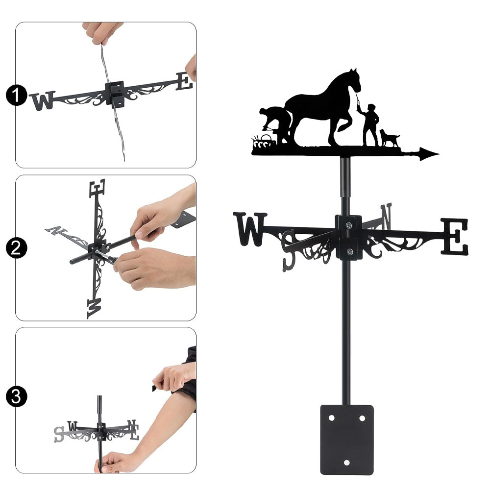Horse and farm dog metal weather vane with directional arrows and mounting rod, outdoor roof and garden decoration