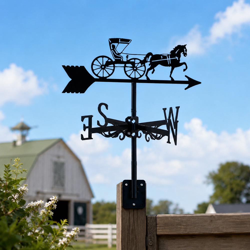 Horse drawn buggy metal weather vane with directional arrows and mounting rod, outdoor roof and garden decoration