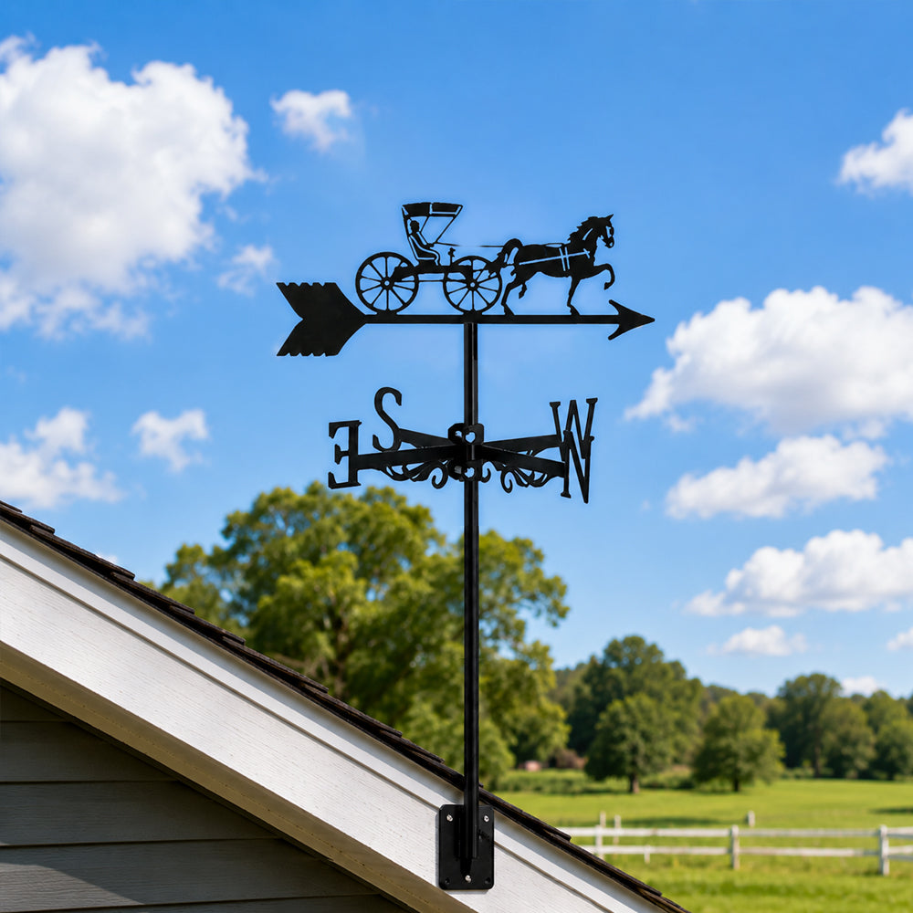 Horse drawn buggy metal weather vane with directional arrows and mounting rod, outdoor roof and garden decoration