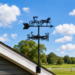 Horse drawn buggy metal weather vane with directional arrows and mounting rod, outdoor roof and garden decoration