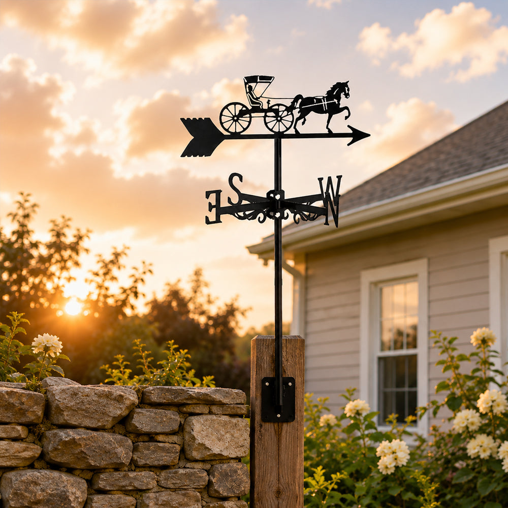 Horse drawn buggy metal weather vane with directional arrows and mounting rod, outdoor roof and garden decoration