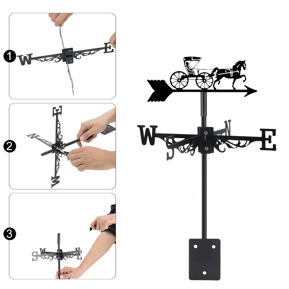 Horse drawn buggy metal weather vane with directional arrows and mounting rod, outdoor roof and garden decoration