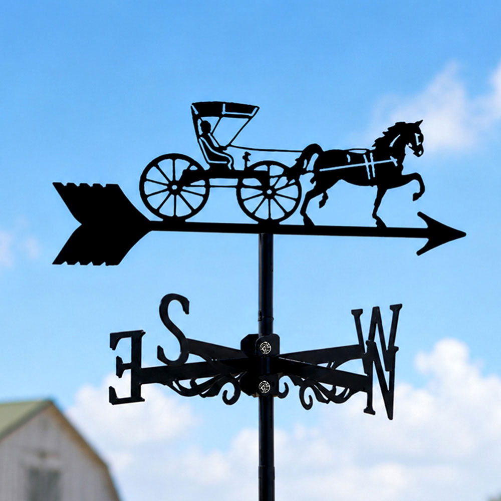 Horse drawn buggy metal weather vane with directional arrows and mounting rod, outdoor roof and garden decoration