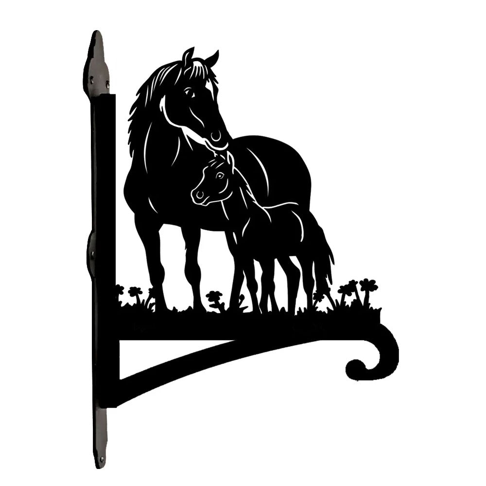 Horse family metal hanging basket bracket mounted on outdoor wall for plant decoration