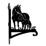 Horse family metal hanging basket bracket mounted on outdoor wall for plant decoration