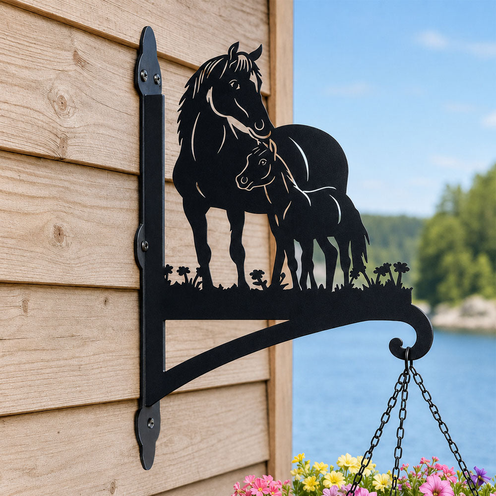 Horse family metal hanging basket bracket mounted on outdoor wall for plant decoration