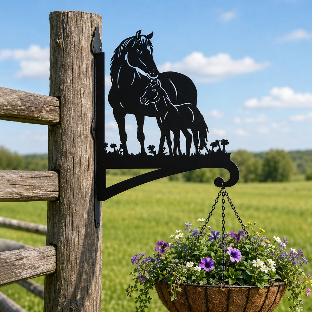 Horse family metal hanging basket bracket mounted on outdoor wall for plant decoration