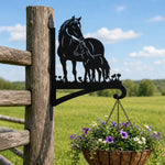Horse family metal hanging basket bracket mounted on outdoor wall for plant decoration