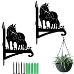 Horse family metal hanging basket bracket mounted on outdoor wall for plant decoration