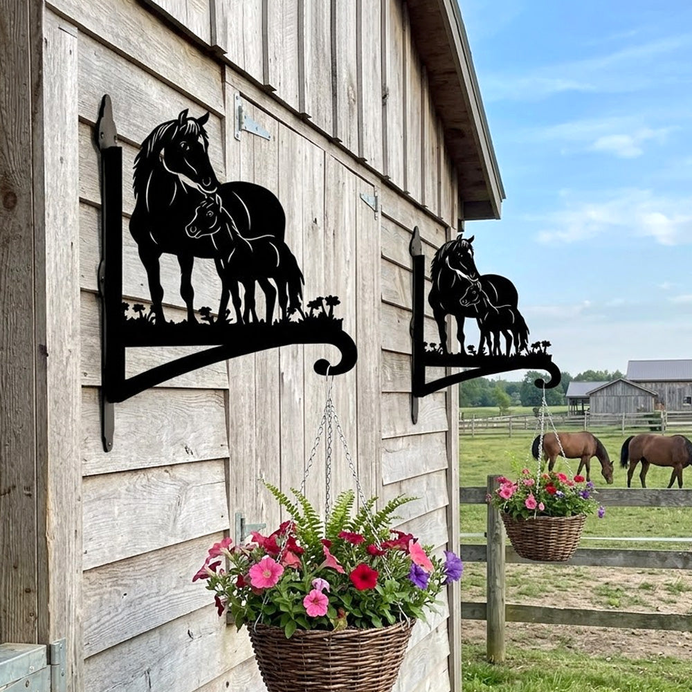 Horse family metal hanging basket bracket mounted on outdoor wall for plant decoration