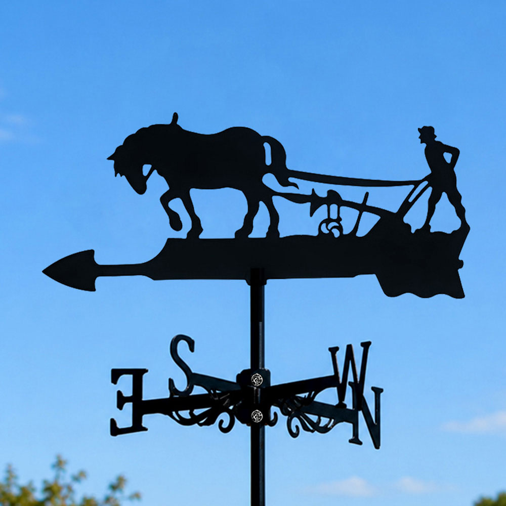 Horse with plow metal weather vane with directional arrows and mounting rod, outdoor roof and garden decoration