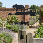 Horse with plow metal weather vane with directional arrows and mounting rod, outdoor roof and garden decoration