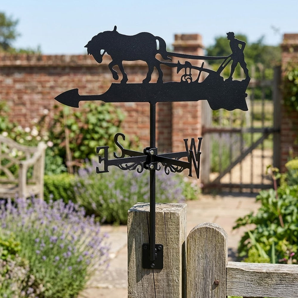 Horse with plow metal weather vane with directional arrows and mounting rod, outdoor roof and garden decoration