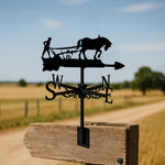 Horse with plow metal weather vane with directional arrows and mounting rod, outdoor roof and garden decoration