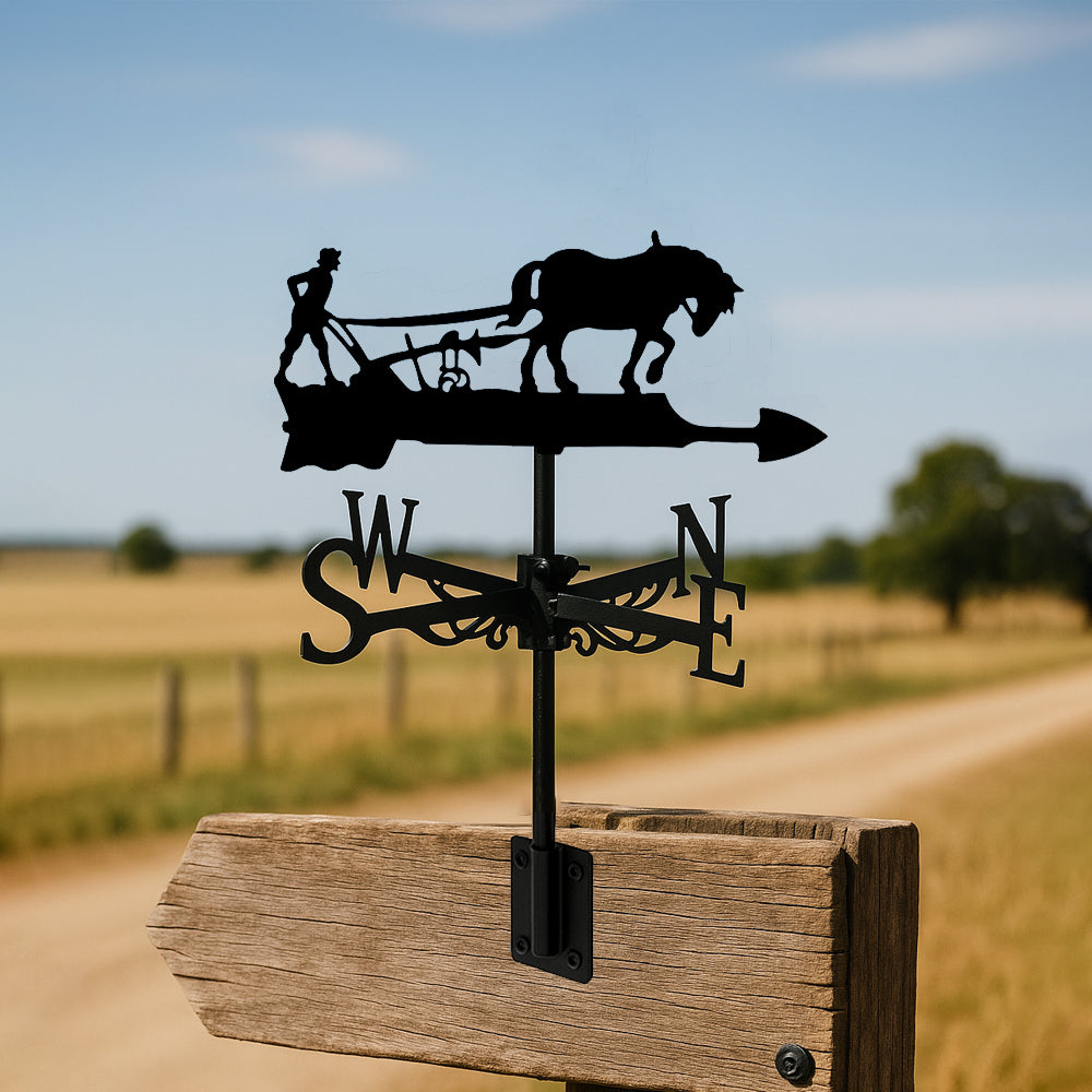 Horse with plow metal weather vane with directional arrows and mounting rod, outdoor roof and garden decoration