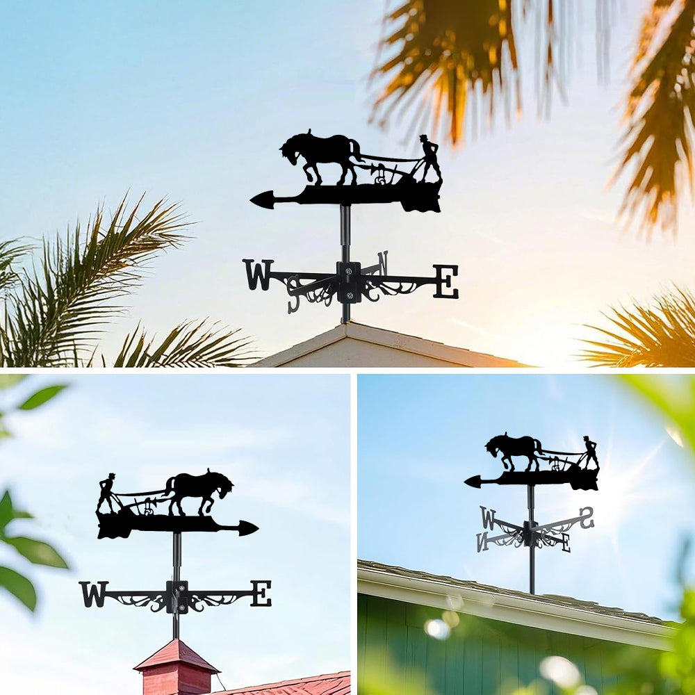 Horse with plow metal weather vane with directional arrows and mounting rod, outdoor roof and garden decoration