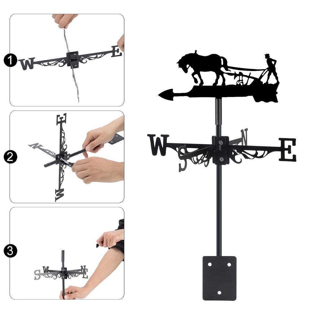 Horse with plow metal weather vane with directional arrows and mounting rod, outdoor roof and garden decoration