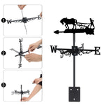 Horse with plow metal weather vane with directional arrows and mounting rod, outdoor roof and garden decoration