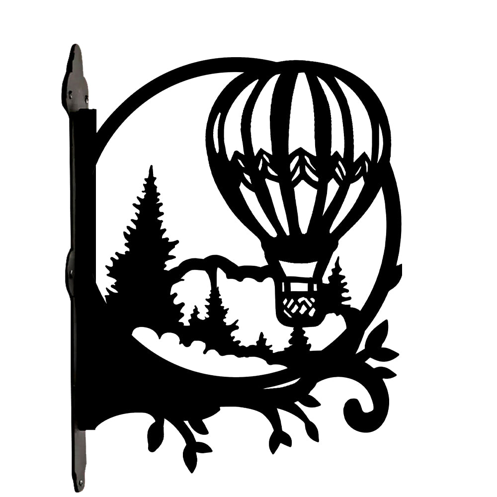Hot air balloon over pine forest metal hanging basket bracket mounted on outdoor wall for plant decoration