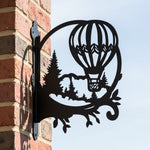 Hot air balloon over pine forest metal hanging basket bracket mounted on outdoor wall for plant decoration