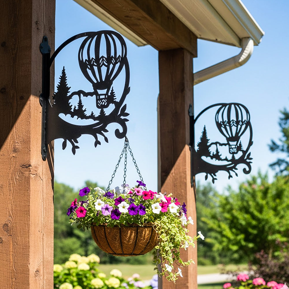 Hot air balloon over pine forest metal hanging basket bracket mounted on outdoor wall for plant decoration
