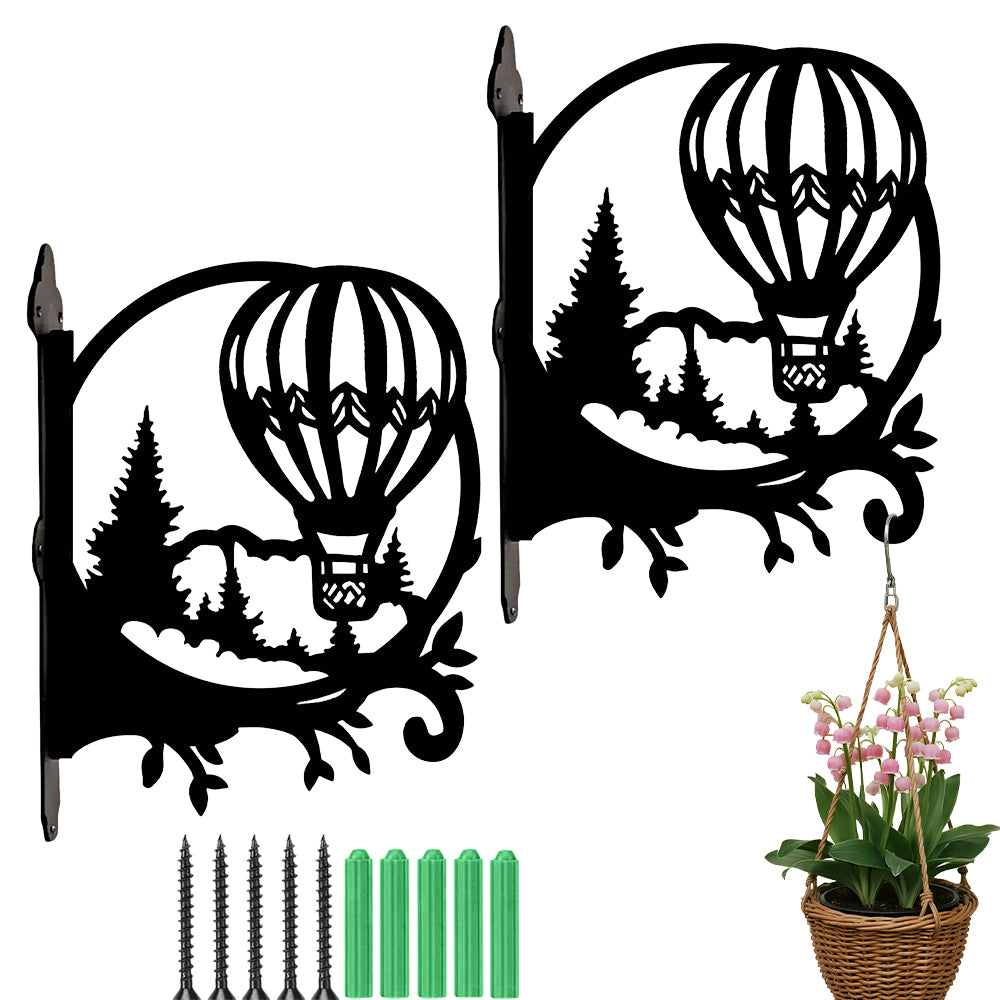 Hot air balloon over pine forest metal hanging basket bracket mounted on outdoor wall for plant decoration