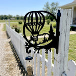 Hot air balloon over pine forest metal hanging basket bracket mounted on outdoor wall for plant decoration