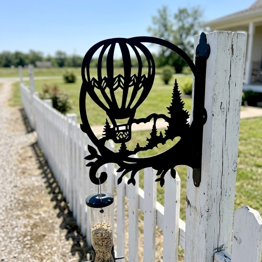 Hot air balloon over pine forest metal hanging basket bracket mounted on outdoor wall for plant decoration