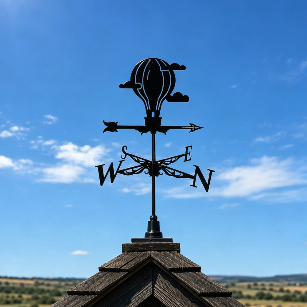 Hot air balloon metal weather vane with directional arrows and mounting rod, outdoor roof and garden decoration