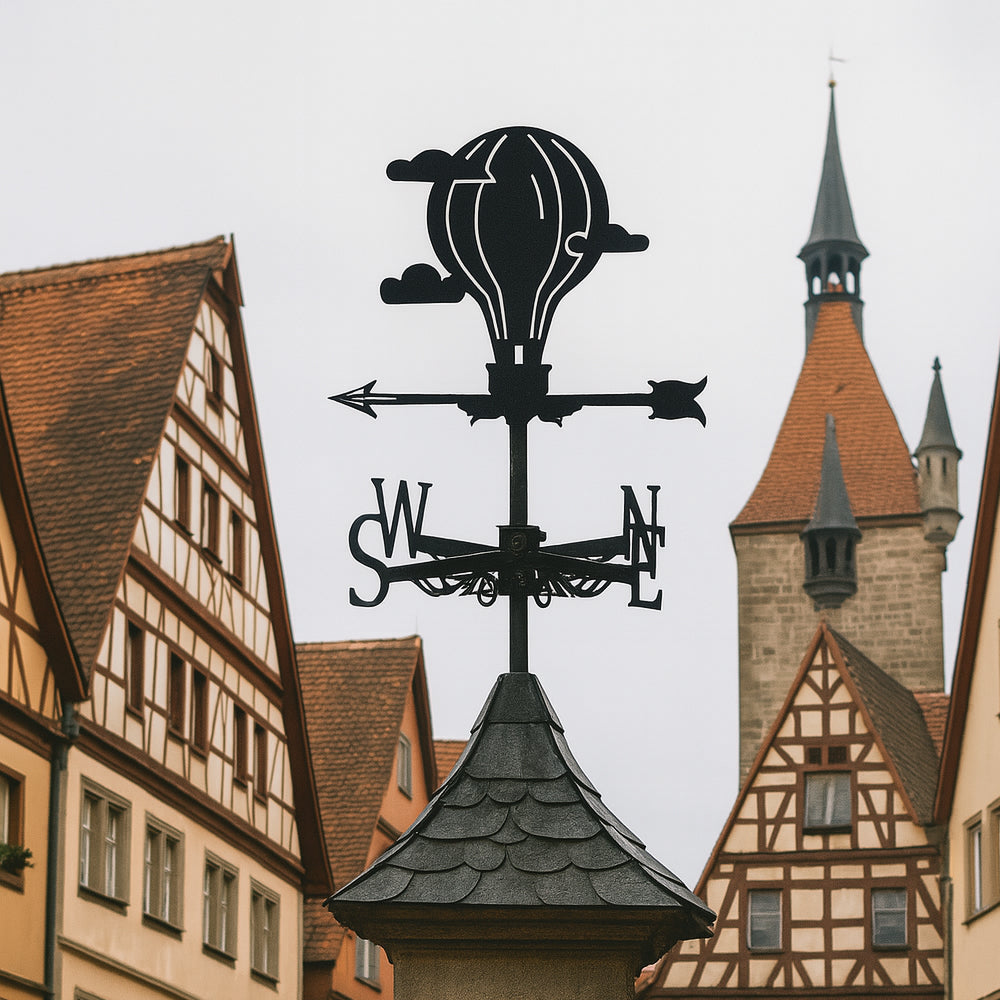 Hot air balloon metal weather vane with directional arrows and mounting rod, outdoor roof and garden decoration