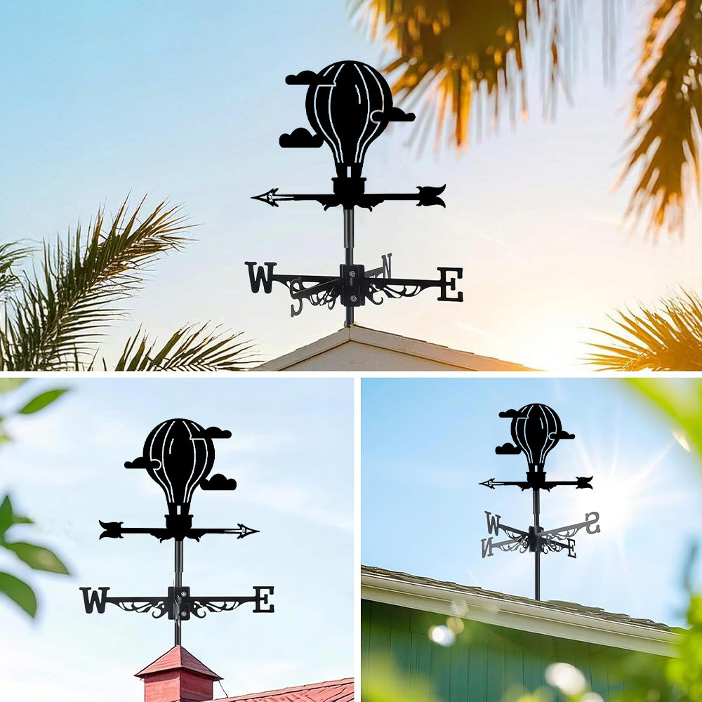 Hot air balloon metal weather vane with directional arrows and mounting rod, outdoor roof and garden decoration