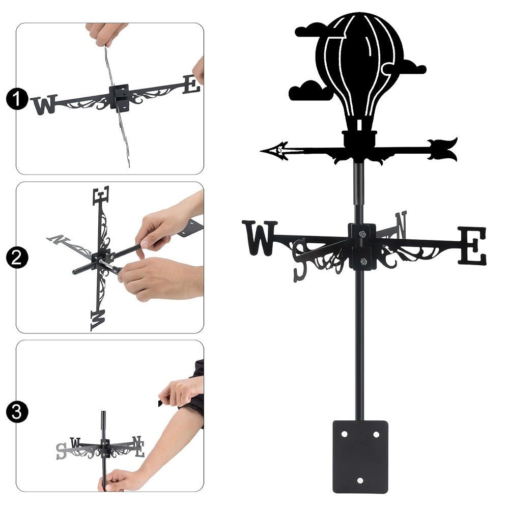Hot air balloon metal weather vane with directional arrows and mounting rod, outdoor roof and garden decoration