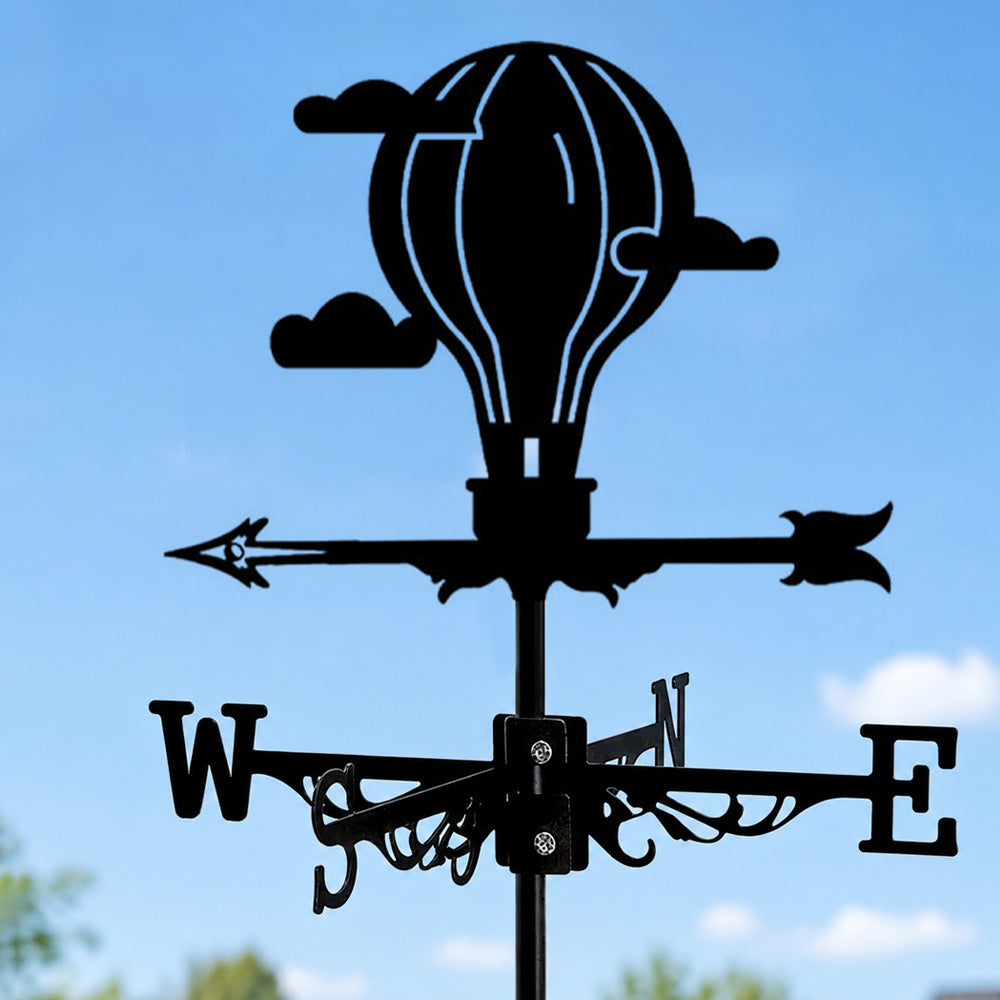 Hot air balloon metal weather vane with directional arrows and mounting rod, outdoor roof and garden decoration