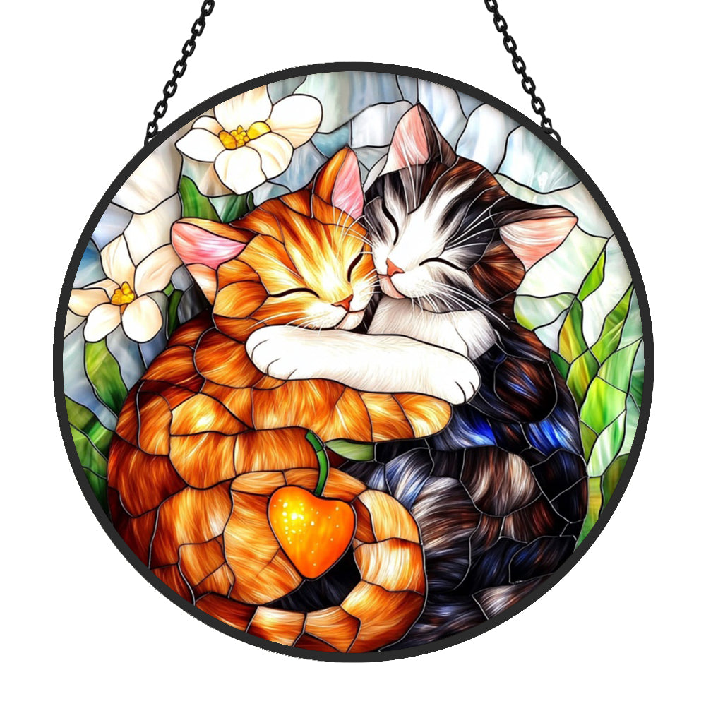 Hugging cats stained glass suncatcher window hanging, suitable for home and garden decoration