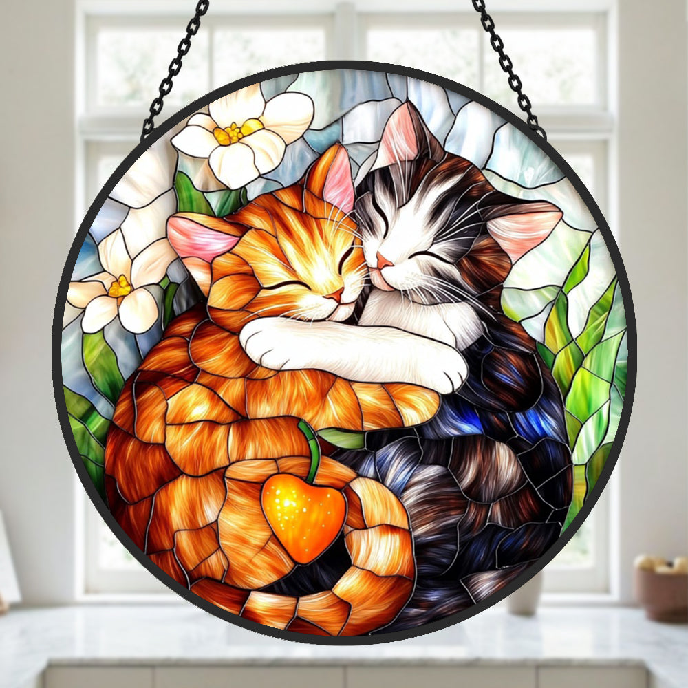 Hugging cats stained glass suncatcher window hanging, suitable for home and garden decoration