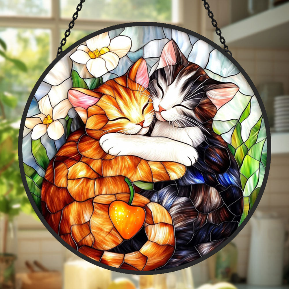Hugging cats stained glass suncatcher window hanging, suitable for home and garden decoration