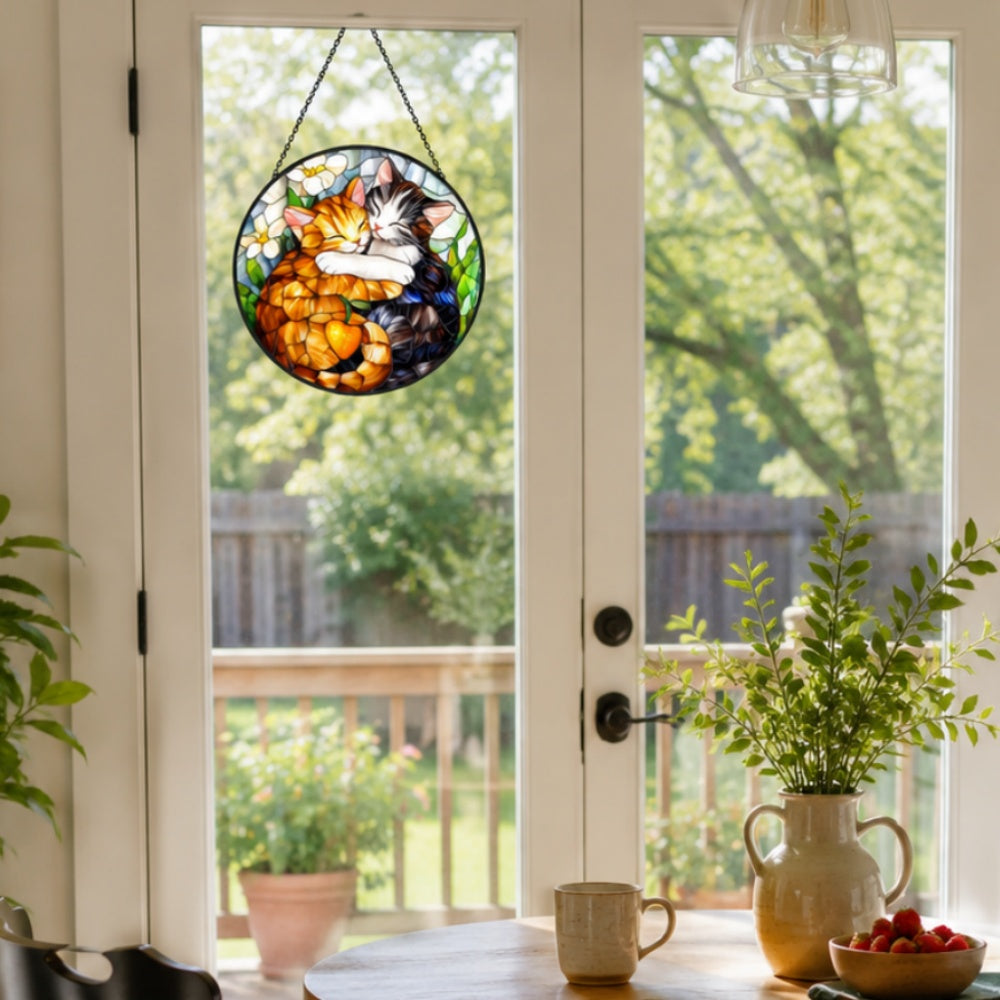 Hugging cats stained glass suncatcher window hanging, suitable for home and garden decoration
