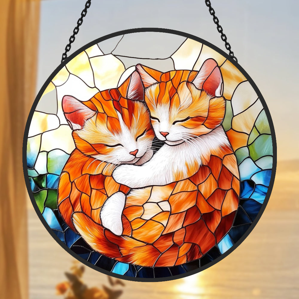 Hugging orange cats stained glass suncatcher window hanging, suitable for home and garden decoration