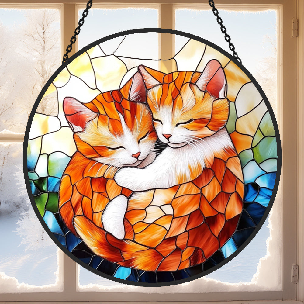 Hugging orange cats stained glass suncatcher window hanging, suitable for home and garden decoration